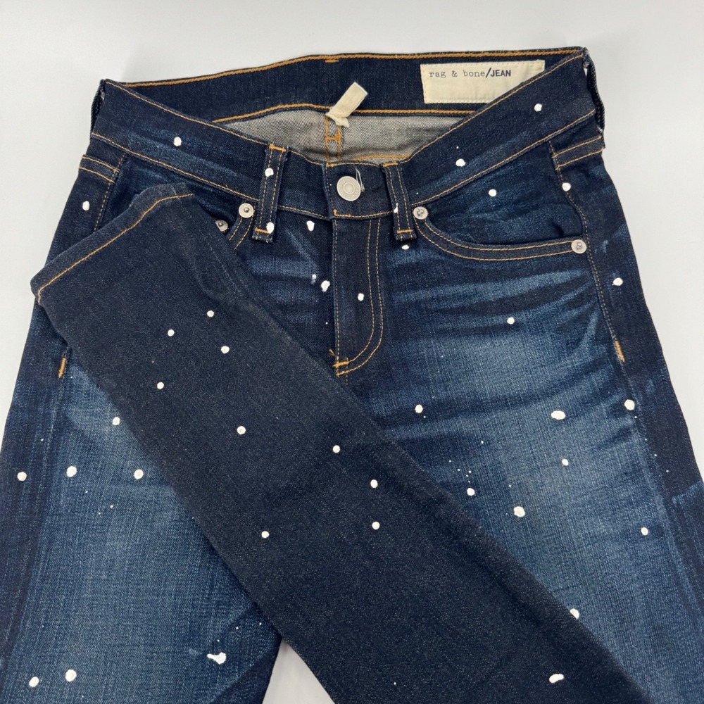 Rag & Bone Skinny Jeans Womens 25 Dark Indigo White Paint Splatter Made in USA